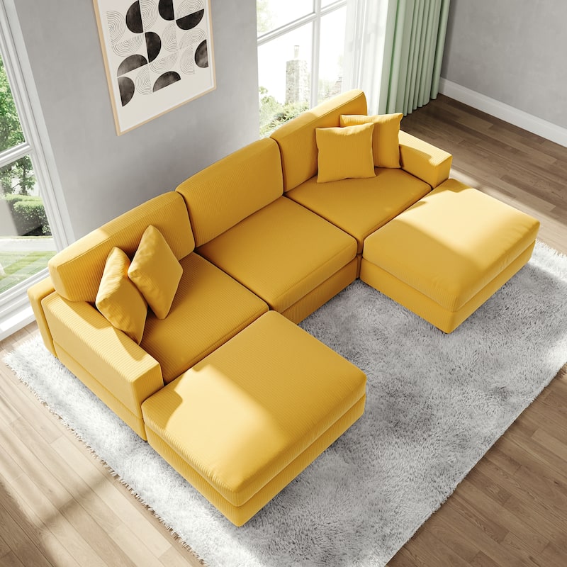 Modular Corduroy Sectional Sofa Set Chaise Couch with Ottoman