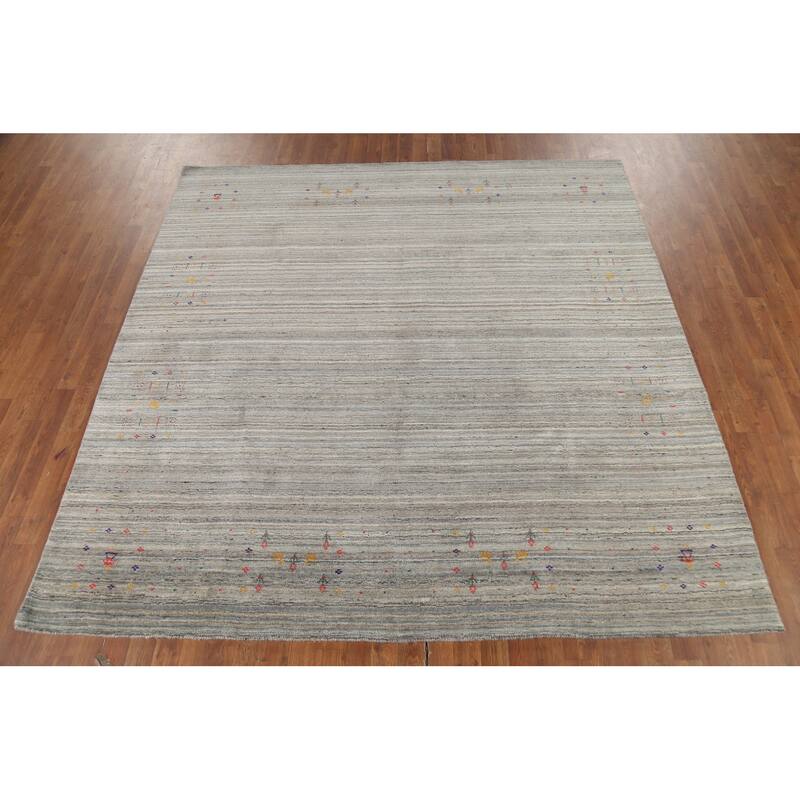 Striped Gray Gabbeh Oriental Square Area Rug Hand-Knotted Wool Carpet - 7'10"x 7'10"