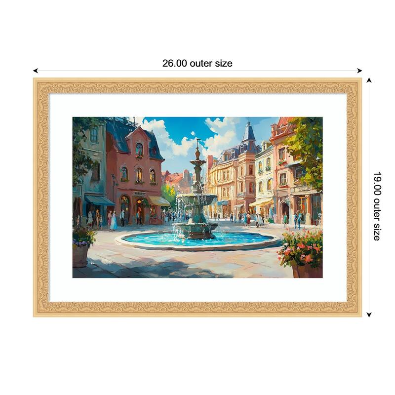 City Gathering Water Fountain by Tradelink inhouse artist Wood Framed Wall Art Print - Bethany Gold - 26 x 19 in