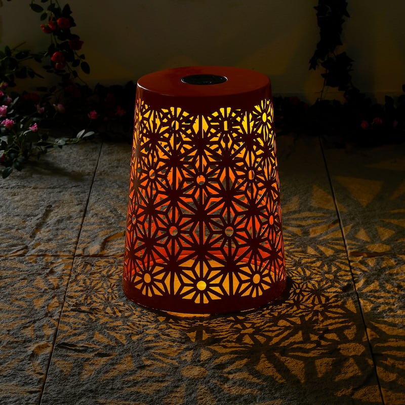 Glitzhome 17.5"H Set of 2 Cutout Geometric Pattern Solar Powdered LED Light Garden Stool