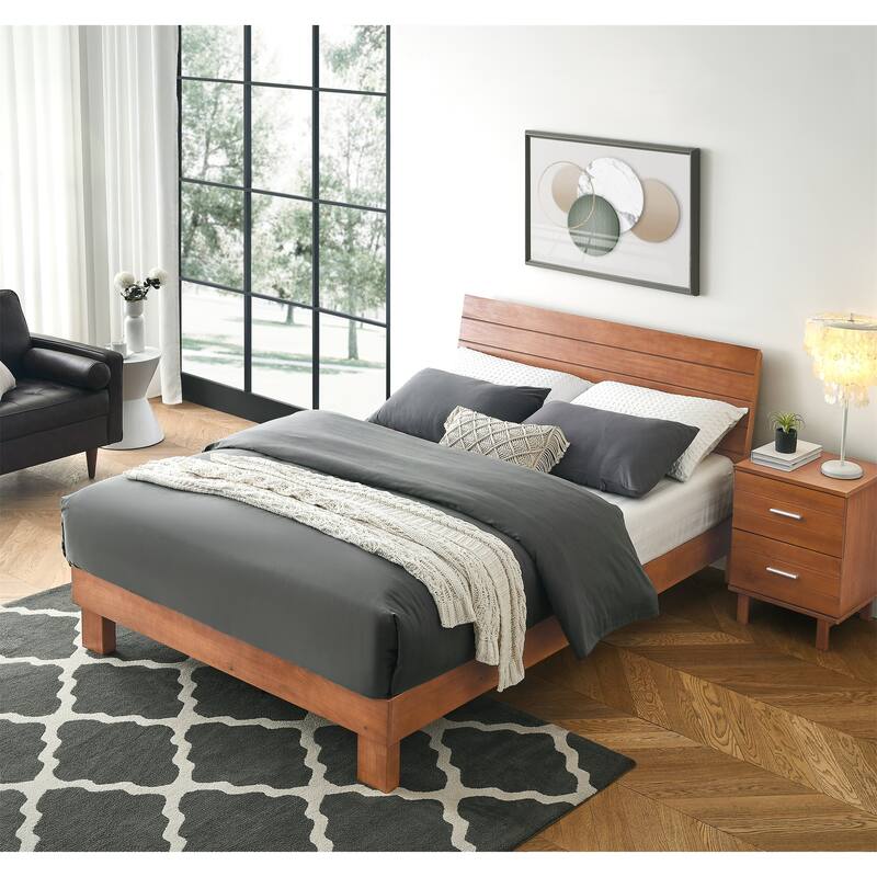 BIKAHOM Wooden Platform Bed with Adjustable Height Headboard for Bedroom,Queen Size Wooden Bed Frame with Headboard,Teak