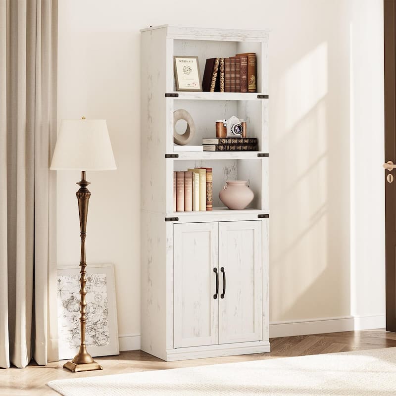Book Shelf with Door, 5 Tier Wooden Book Case with Storage, 68.7" - White - 24.41inch