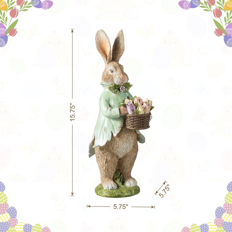 Glitzhome Easter Resin Bunny Boy Girl Table Decor with Flower Rabbit Figurine Ornaments