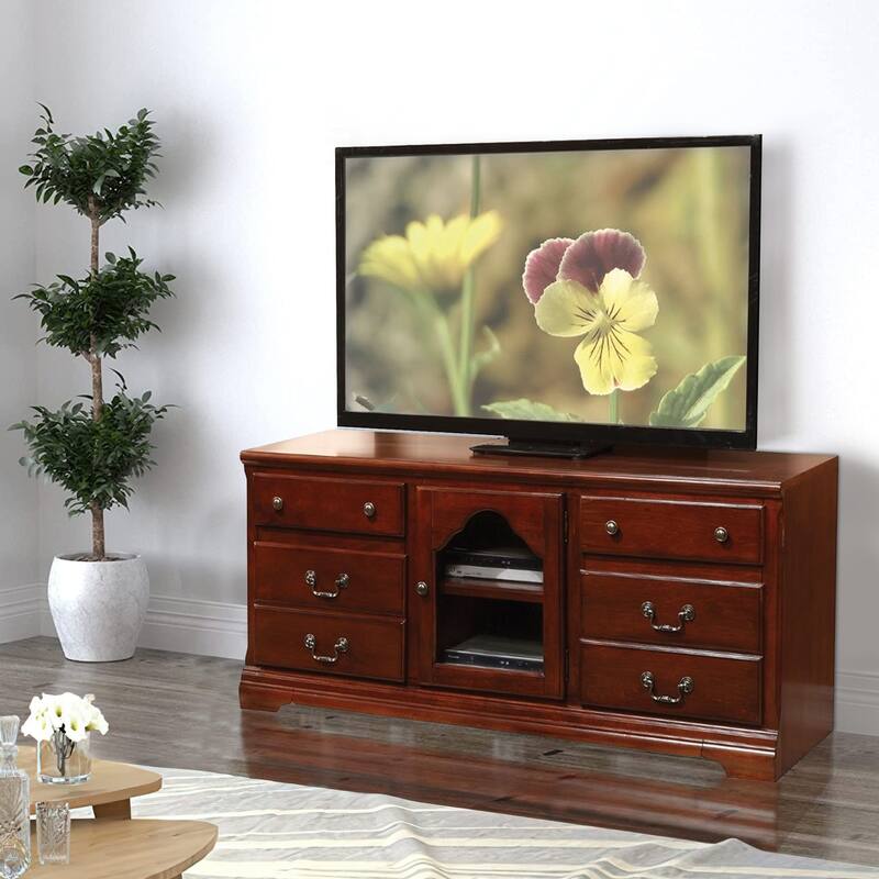 Four Drawers Wooden TV Stand with Glass Door Storage, Cherry Brown