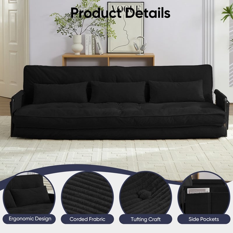 Mixoy Muti-Functional Folding Futon Sofa Bed Floor Sofa Bed，3-Seater Lazy Sofa with Pillows,6 Position Adjustable Backrest