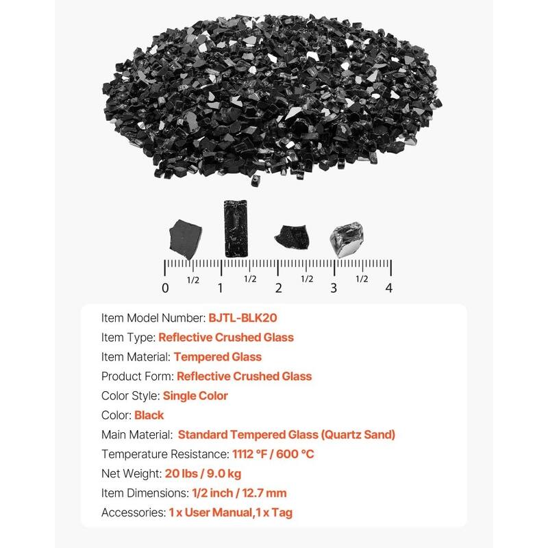 Black Tempered Reflective Crushed Fire Glass 1/2 Inch for Fire Pits - 1/2 inch