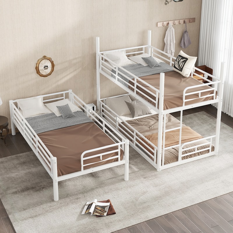 Twin over Twin over Twin Bunk Bed, Metal Triple Bunk Bed with Safety Guardrails, Heavy-duty Bunk Bed with Noise-reduced Design