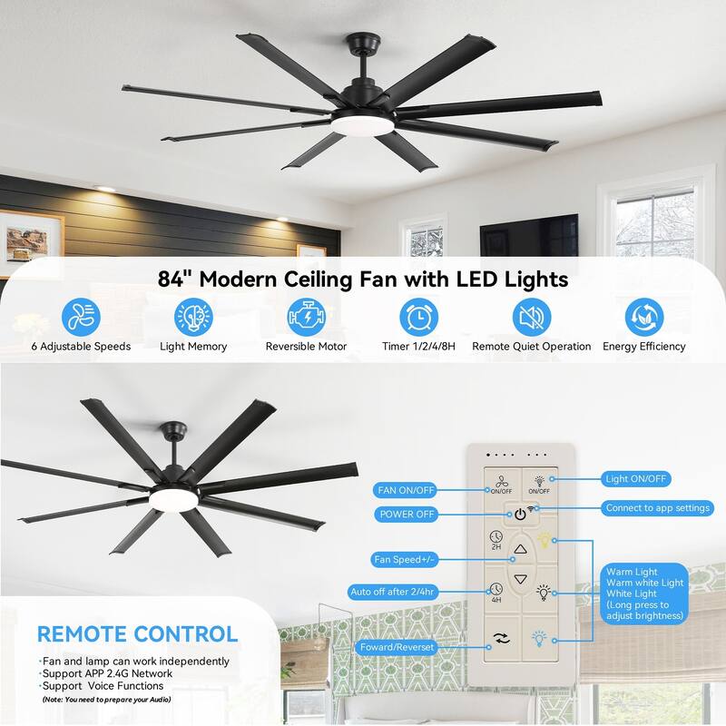 52/66/72/84 Inch Smart Ceiling Fan with Light ,Wall Switch, APP Control,Dimmable LED,8 Blades