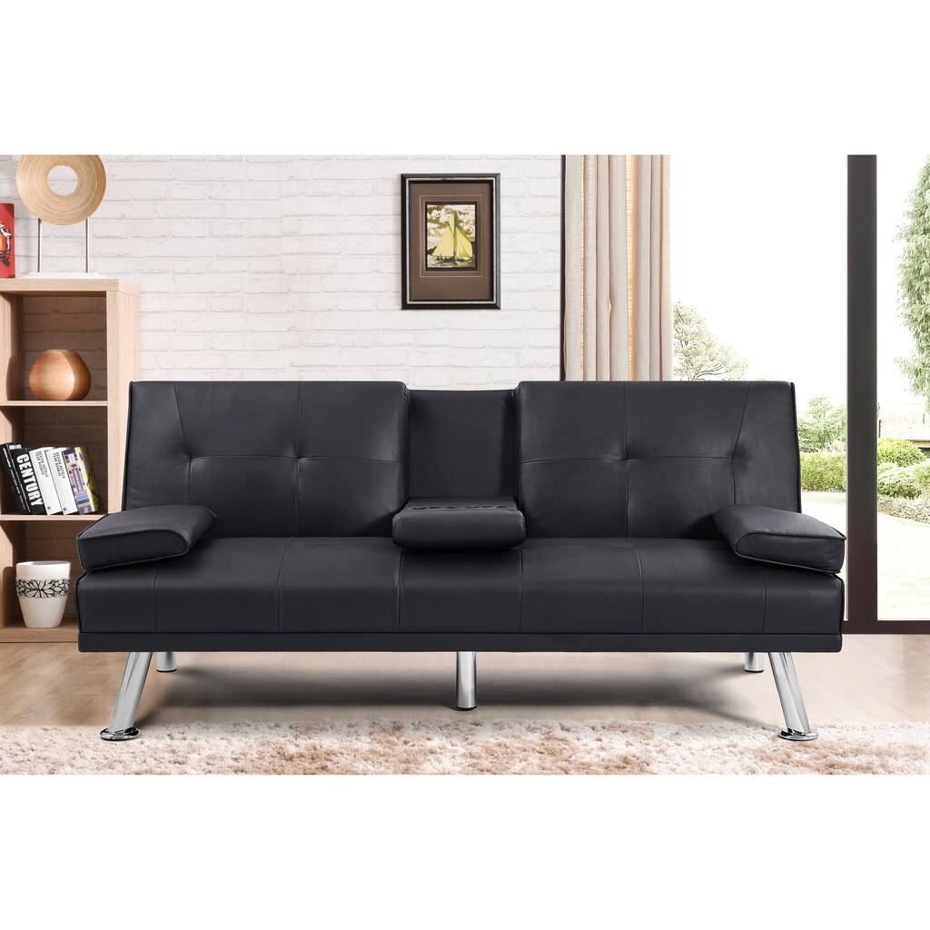 Modern Folding Futon Sofa Bed with Removable Armrests,Adjustable Recliner Couch Bed Loveseat with 2 Cup Holders for Living Room