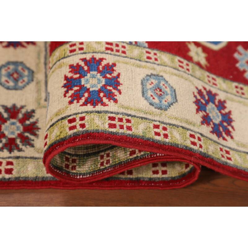 Red Geometric Kazak Oriental Accent Rug Handmade Foyer Wool Carpet - 2'8" x 3'9"