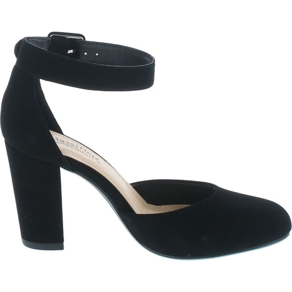 black ankle strap block heels closed toe