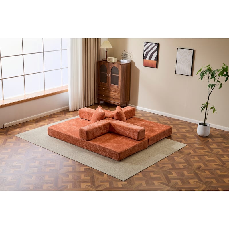 Convertible Floor Sofa Bed with Pillow, Orange Chenille, 77x37x24 inches
