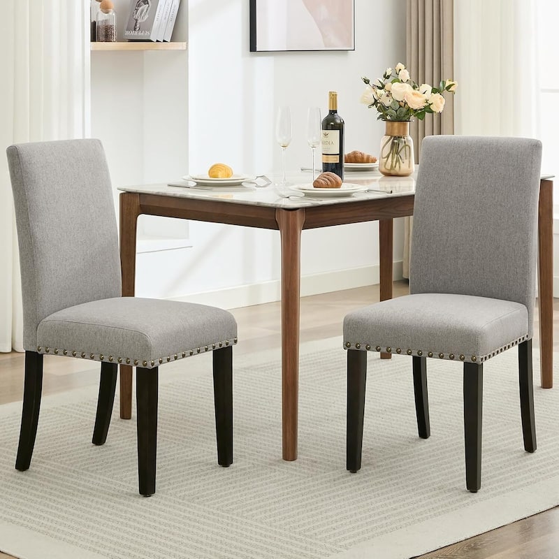 Upholstered Dining Chairs Set of 2, with Nailhead Trim & Padded Seat, Wood Legs, Fabric/Leather Options - Grey - Metal