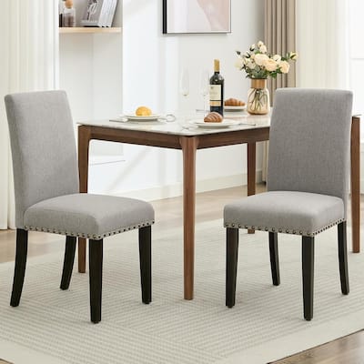 Upholstered Dining Chairs Set of 2, with Nailhead Trim & Padded Seat, Wood Legs, Fabric/Leather Options