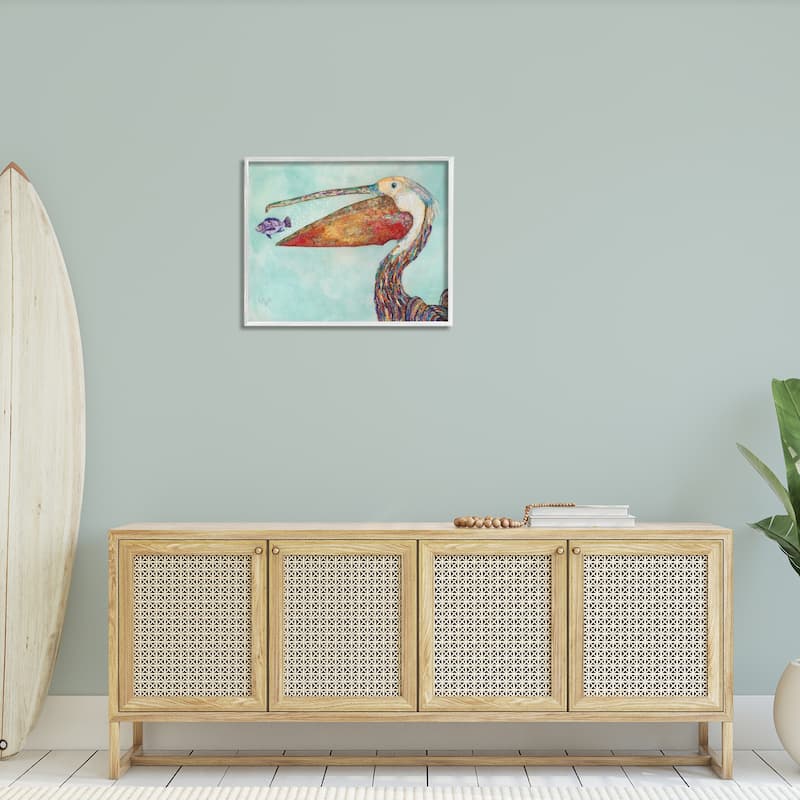 Stupell Pelican's Lost Supper Fish and Patterned Feathers Framed Giclee Texturized Art by Lisa Morales