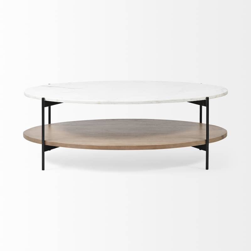 HomeRoots 48" Brown and Black Genuine Marble and Metal Oval Coffee Table With Shelf - 30