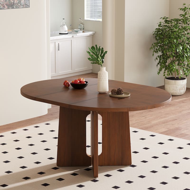 Solid Wood 57.3" Round Dining Table with Extendable Top and Removable Leaf for Gatherings and Family Meals - Brown