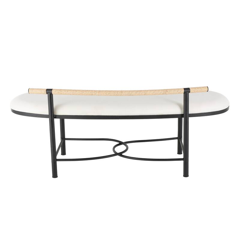 White Metal Upholstered Oval Abstract Bench with Black Metal Frame and Rope Rod Backrest