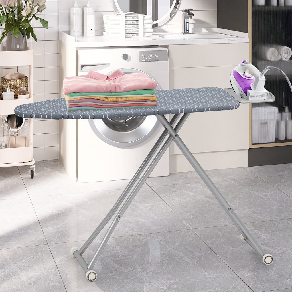 Grey Folding Iron Board with T-Shaped Legs and X-Frame Support Included Safety Iron Rest - 56" x 16.5" x 23"-30"