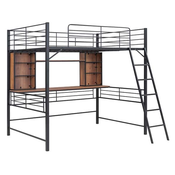 slide 2 of 11, Full Size Metal Loft Bed with Desk Desk and Shelf, Black Black - Full