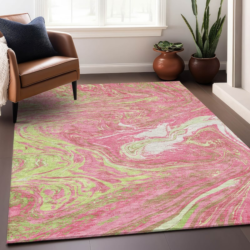 Machine Washable Indoor/ Outdoor Abstract Brushstroke Chantille Rug - Pink - 10' x 14'