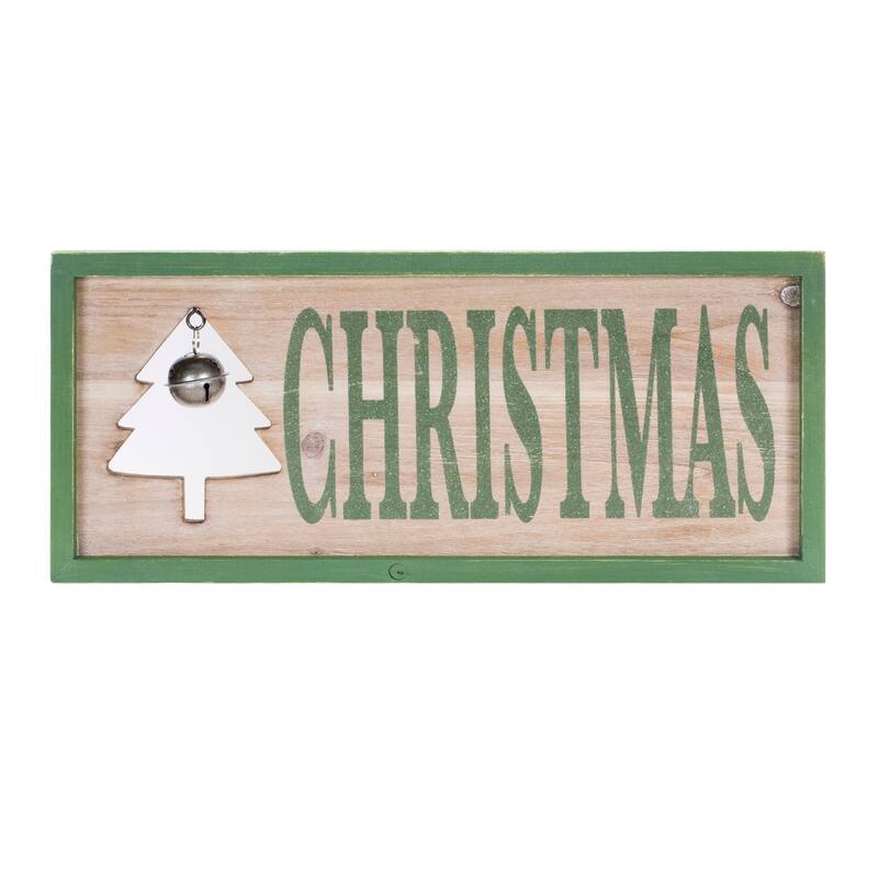 18" Green-Brown Rustic Wooden Christmas Sign with Sleigh Bell Accent for Holiday Indoor Wall or Tabletop Decor