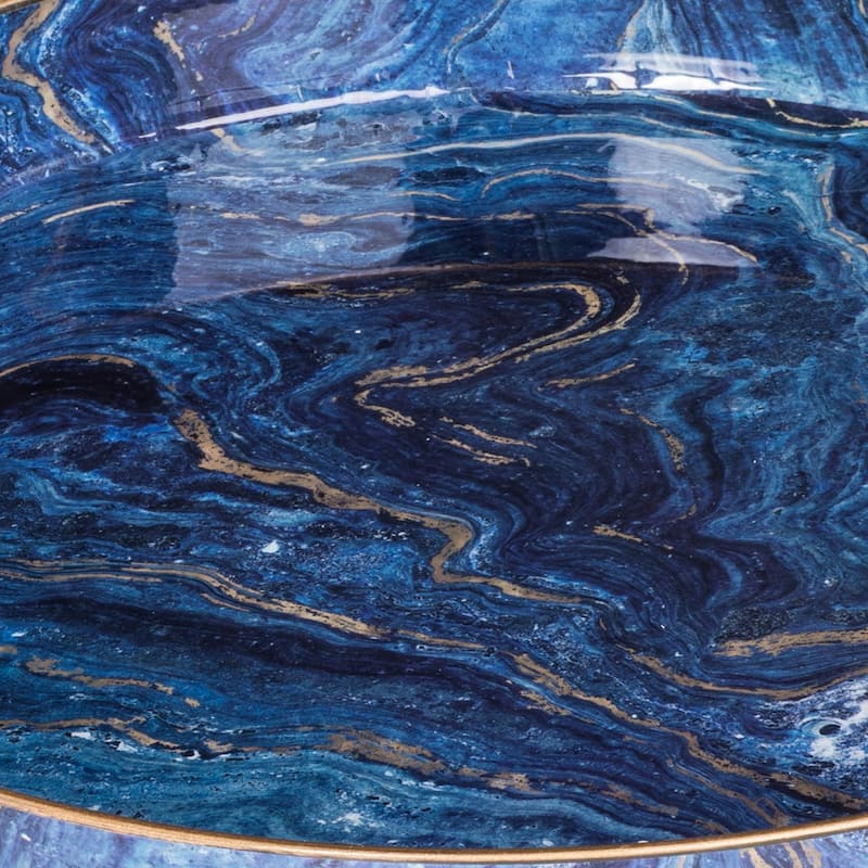 Set of 2 Round Accent Trays, Tabletop Decor, Marbling, Blue, Gold Marbling
