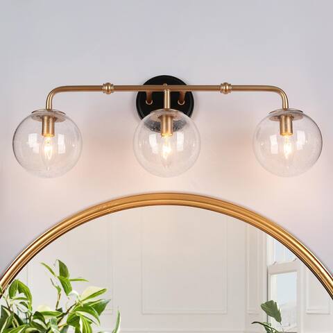 Malryn 3-Light Black Gold Linear Bathroom Vanity Lights Seeded Glass Wall Sconces - 24.5'' L x 7" W x 10'' H