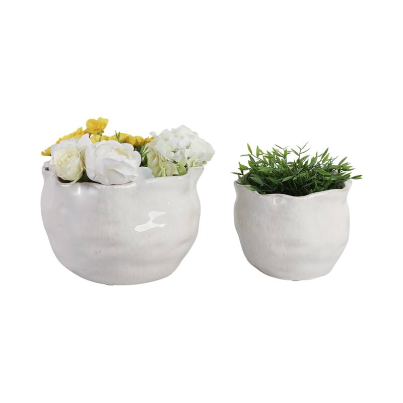Stoneware Ceramic Round Wavy Edge Planters Decorative Pot (Set of 2) - 12" x 12" x 9"