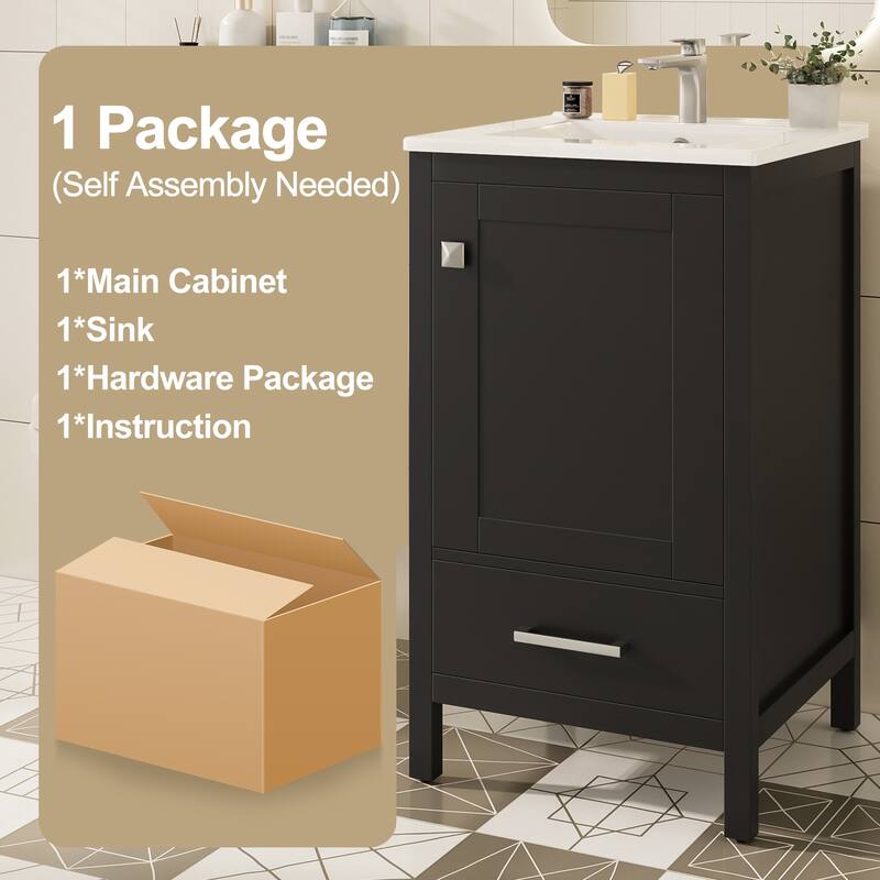 20-Inch Modern Bathroom Vanity with Ceramic Sink, Soft-Close Drawer & Door, Double-Layer Door Organizer, Divider Drawer