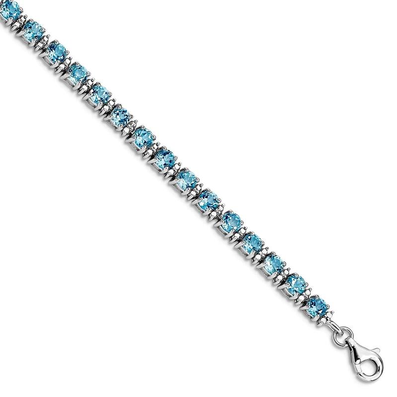 Curata 925 Sterling Silver 7" Round Gemstone and Diamond Line Bracelet - Blue Topaz - White