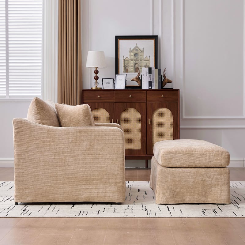 Morden Accent Chair with Ottoman, Chenille Living Room Side Chair, Single Sofa Armchair with Bolster Pillows