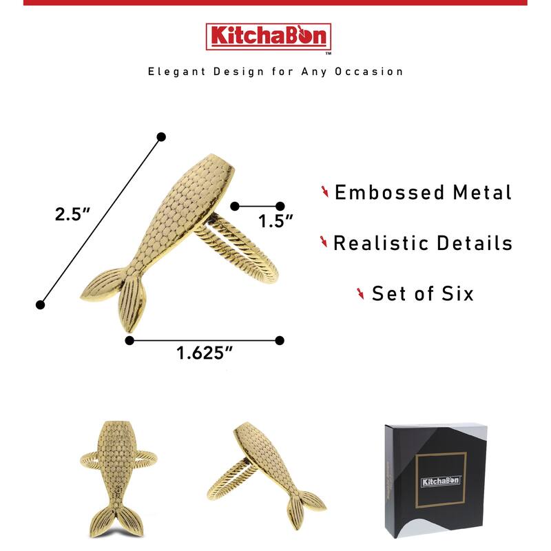 KitchaBon Mermaid Gold Napkin Rings for Table Decor - Set of 6 - 2.25 x 1 x 1.65 inches