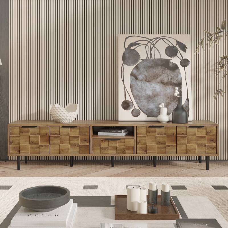 Modern Checkered Design TV Stand, Media Console, for 85/75/65-inch TVs with Storage, for Living Rooms - Beige