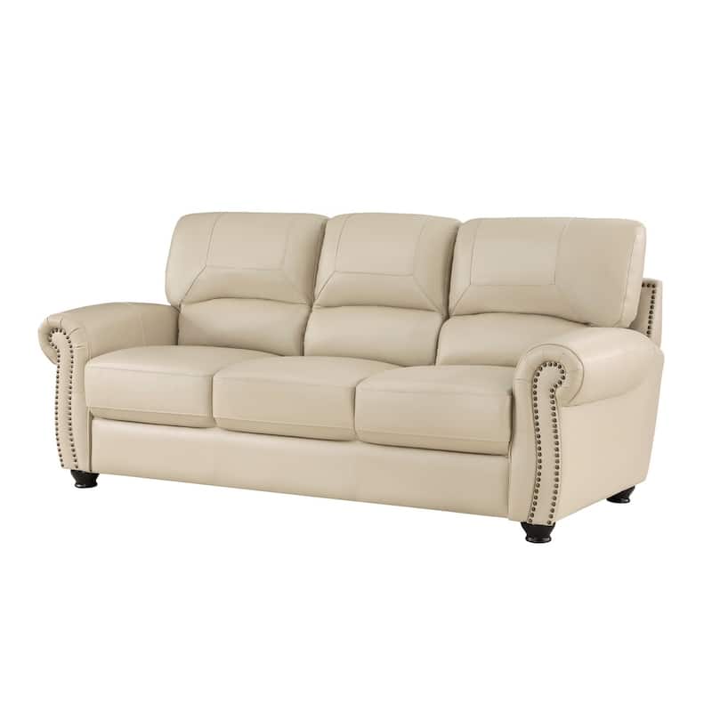 Kia 84 Inch Sofa, Cream Top Grain and Faux Leather, Brown Solid Wood