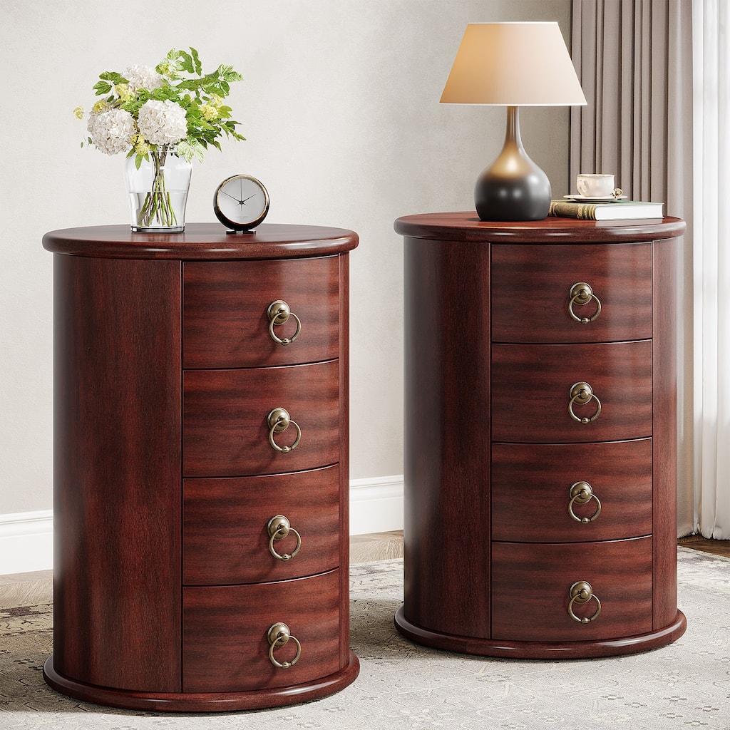 Solid Wood Bedside Table, Round Nightstand with 4 Drawers