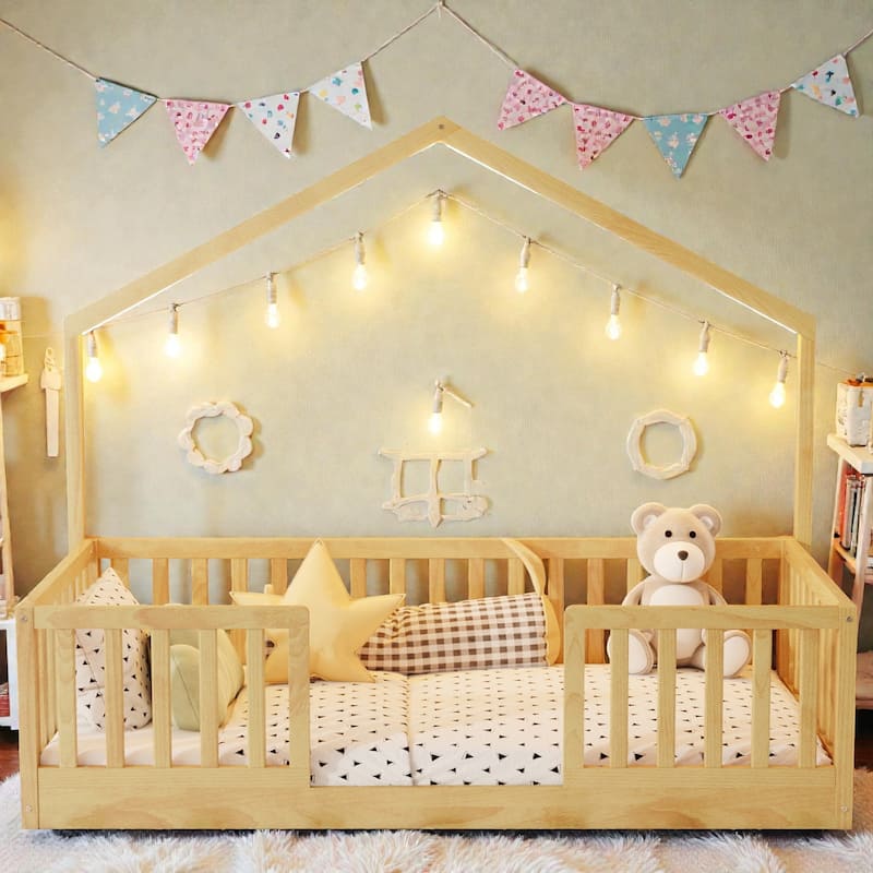 Wood Floor Bed with High Guardrails and LED Light, Montessori Style Low Profile Bed for Kids