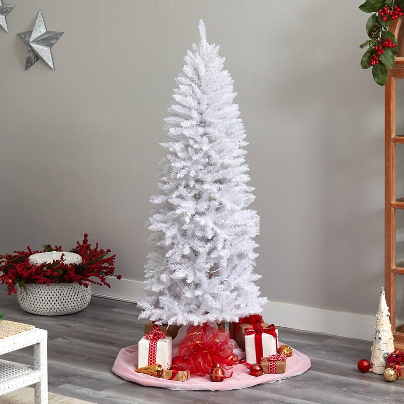 6’ Pre-Lit Slim Artificial White Christmas Tree, Clear LED Lights - 6 Foot