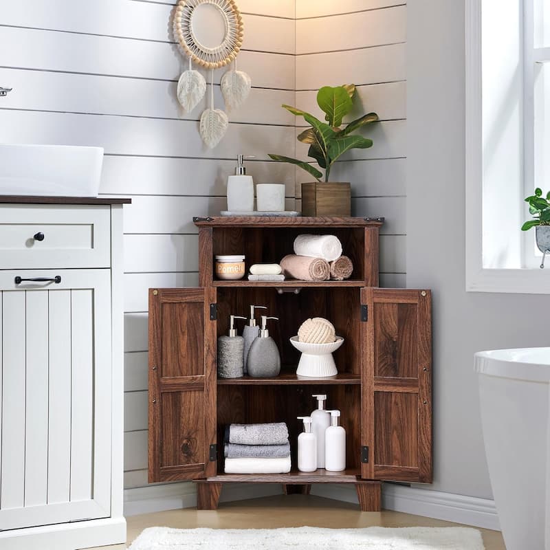 Farmhouse Corner Bathroom Cabinet, Small Corner Cabinet with Barn Door - N/A