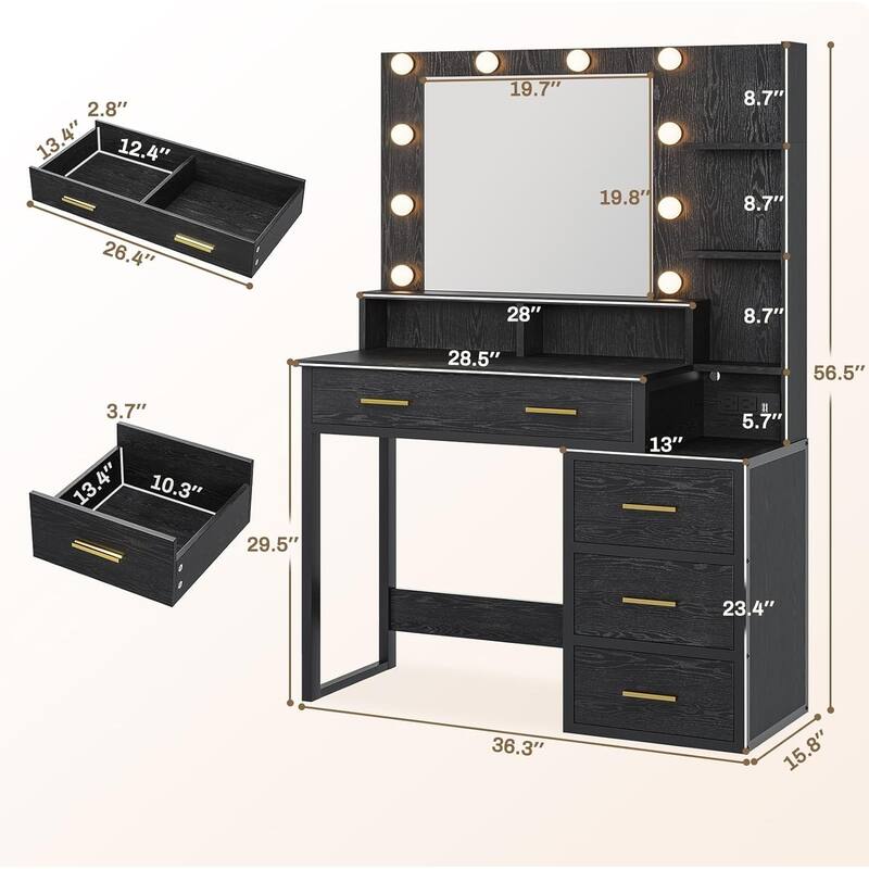 Makeup Vanity Desk 10 Light Bulbs Storage Shelves 5 Drawers