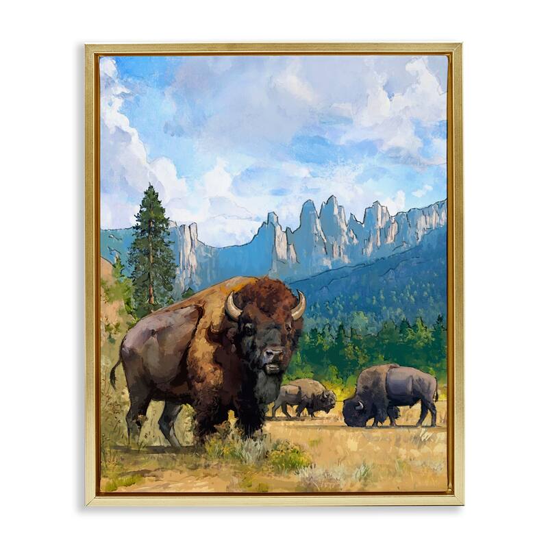 Stupell Grazing Bison Desert Abstraction Framed Floater Canvas Wall Art Design By David Owens - 25 x 31 - Gold
