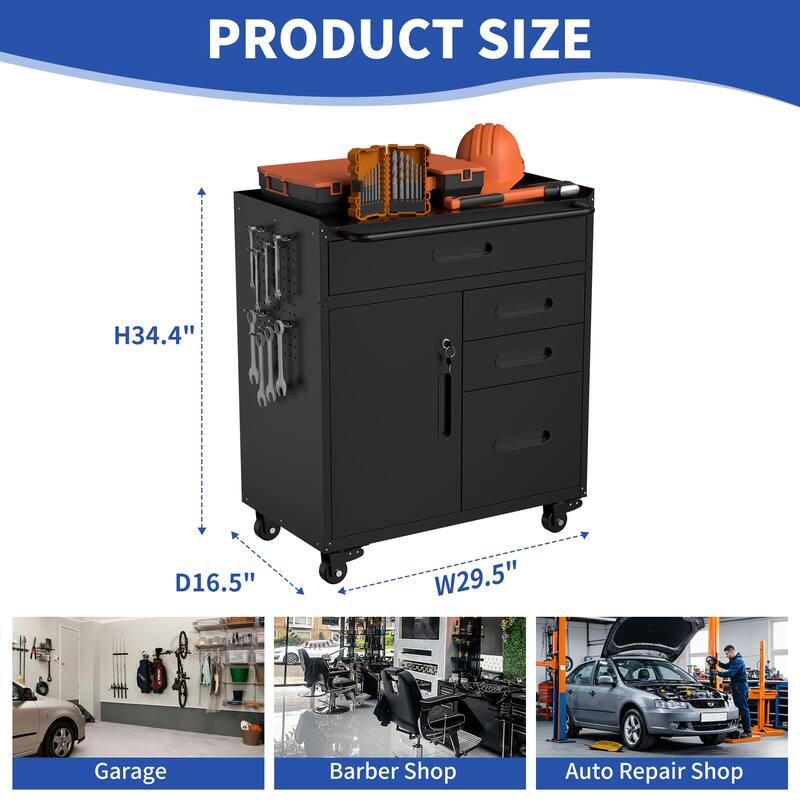 34.3" Mobile Tool Storage Cabinet - Garage Organizer with Lockable Compartment & 4 Drawers, Rolling Steel Chest