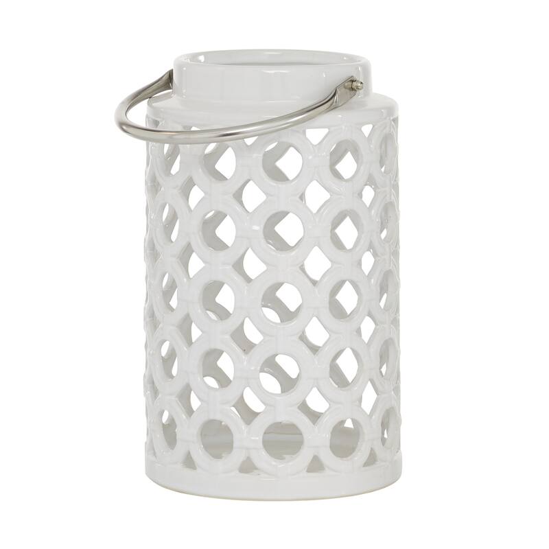 White Ceramic Circles Decorative Indoor Outdoor Candle Lantern with Cut Out Design - 7 x 8 x 11