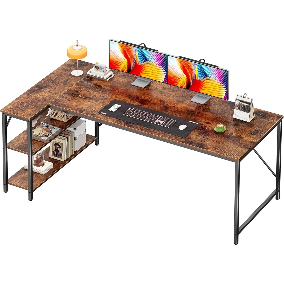 L Shaped Computer Desk, 63 Inches with Reversible Shelves, Rustic Brown, Metal Frame for Home Office