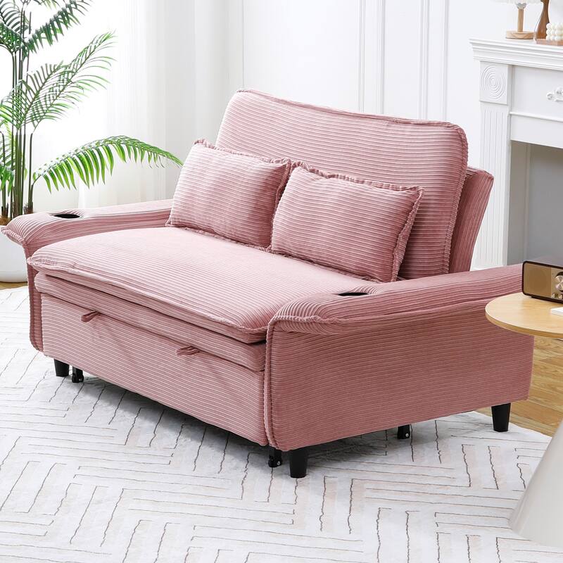 65.74-inch Pink Letter Striped Corduroy Multifunctional Sofa Bed with Adjustable Armrests and Backrests