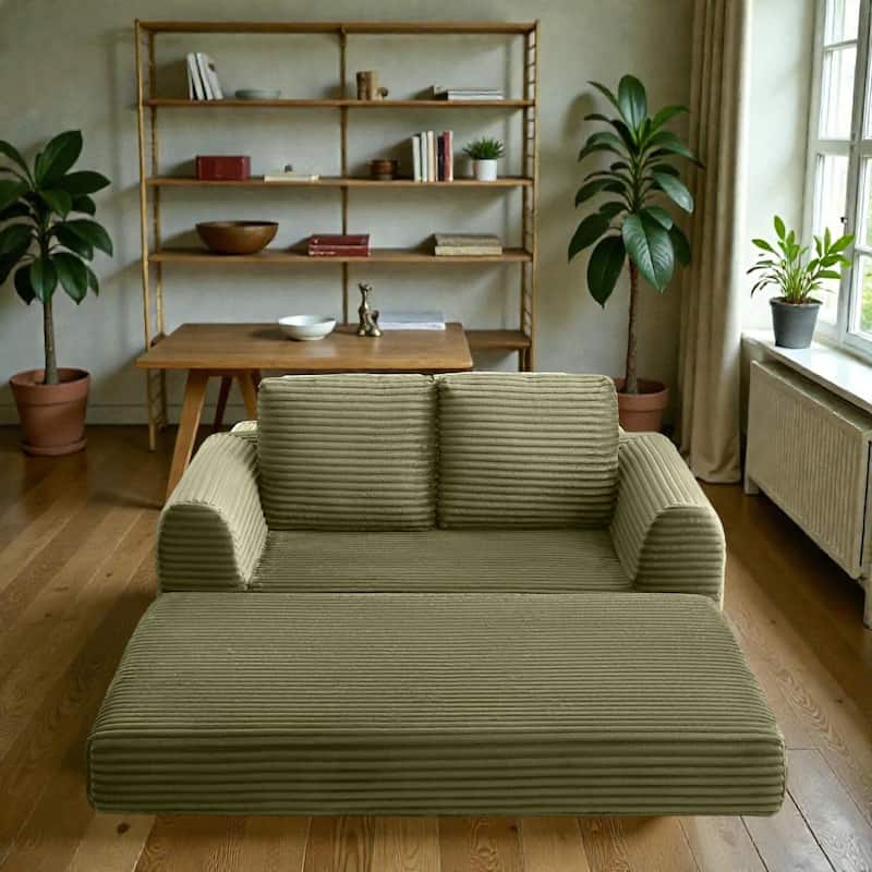 2 in 1 Folding Sofa Bed Loveseat, Corduroy Convertible Sleeper Couch with Pillows, Boneless Floor Futon