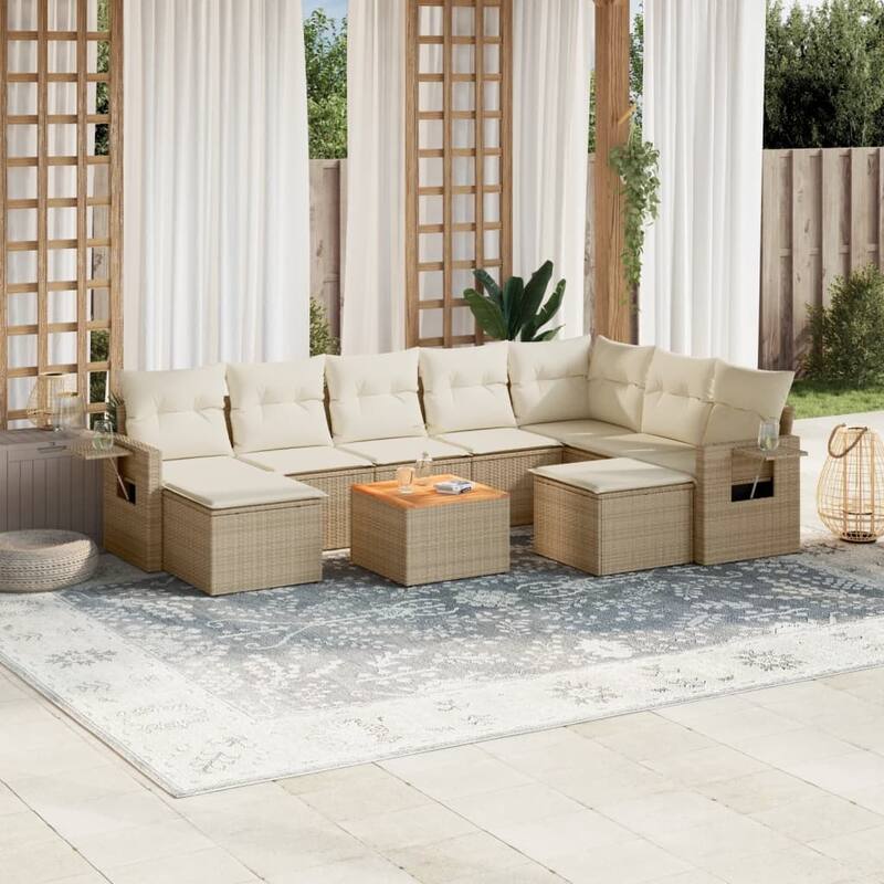 vidaXL Garden Sofa Set 10 Piece with Cushions Outdoor Sofa Set Poly Rattan - 21.7 x 21.7 x 14.6 in (W x L x H) - Beige and Cream