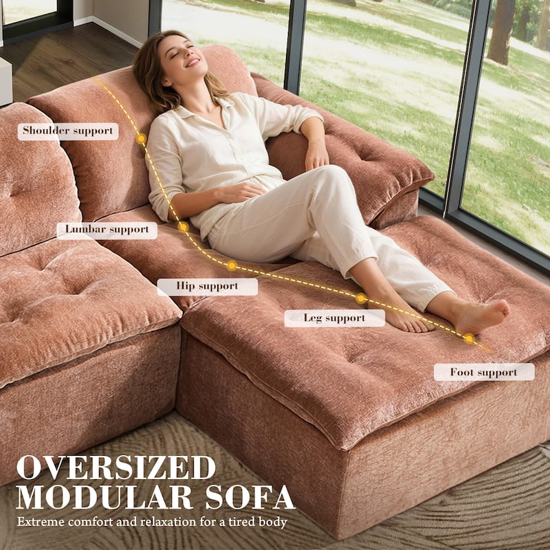 Rossetta L-Shaped Modular Chenille Cushioned Extreme Comfort Sofa with Detachable Backrest and Armrests, 1 Removable Ottoman