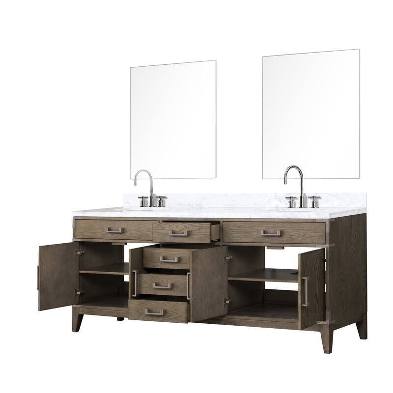 Lexora Laurel Bath Vanity, Carrara Marble Top, Faucet Set, and Mirror