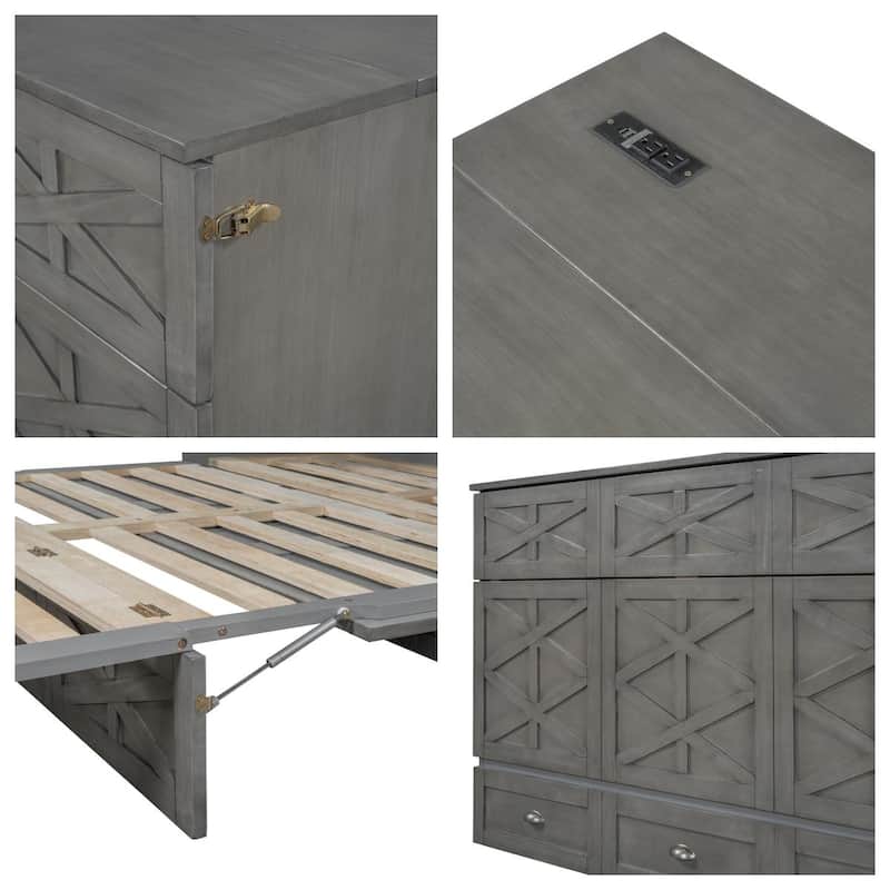 Queen Size Wood Murphy Bed with Drawer,USB Ports ,Three-Prong Outlets